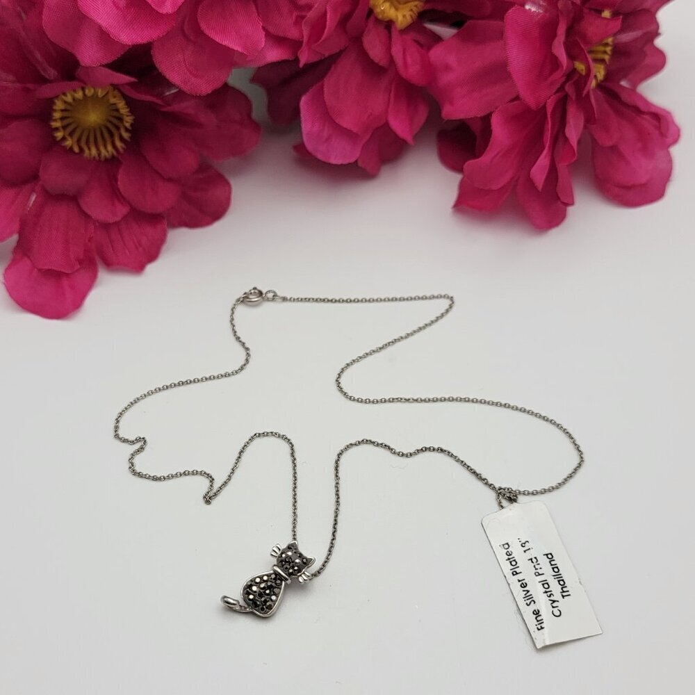 Marcasite Crystal Pave Cat Necklace 18 In Spring Ring Clasp Silver Plated KHOL"S